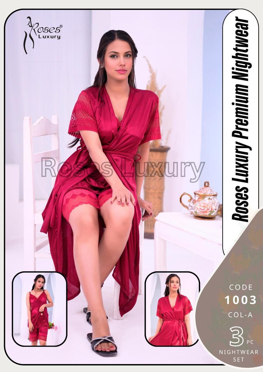 🌹 Roses Luxury Premium Nightwear Set – Malai Jersey Fabric | Made in Pakistan | Free Size 3 Pcs