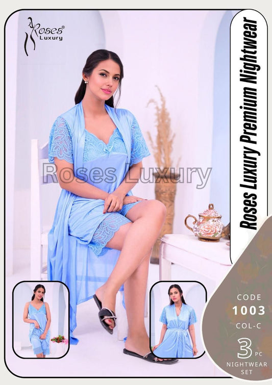 🌹 Roses Luxury Premium Nightwear Set – Malai Jersey Fabric | Made in Pakistan | Free Size 3 Pcs
