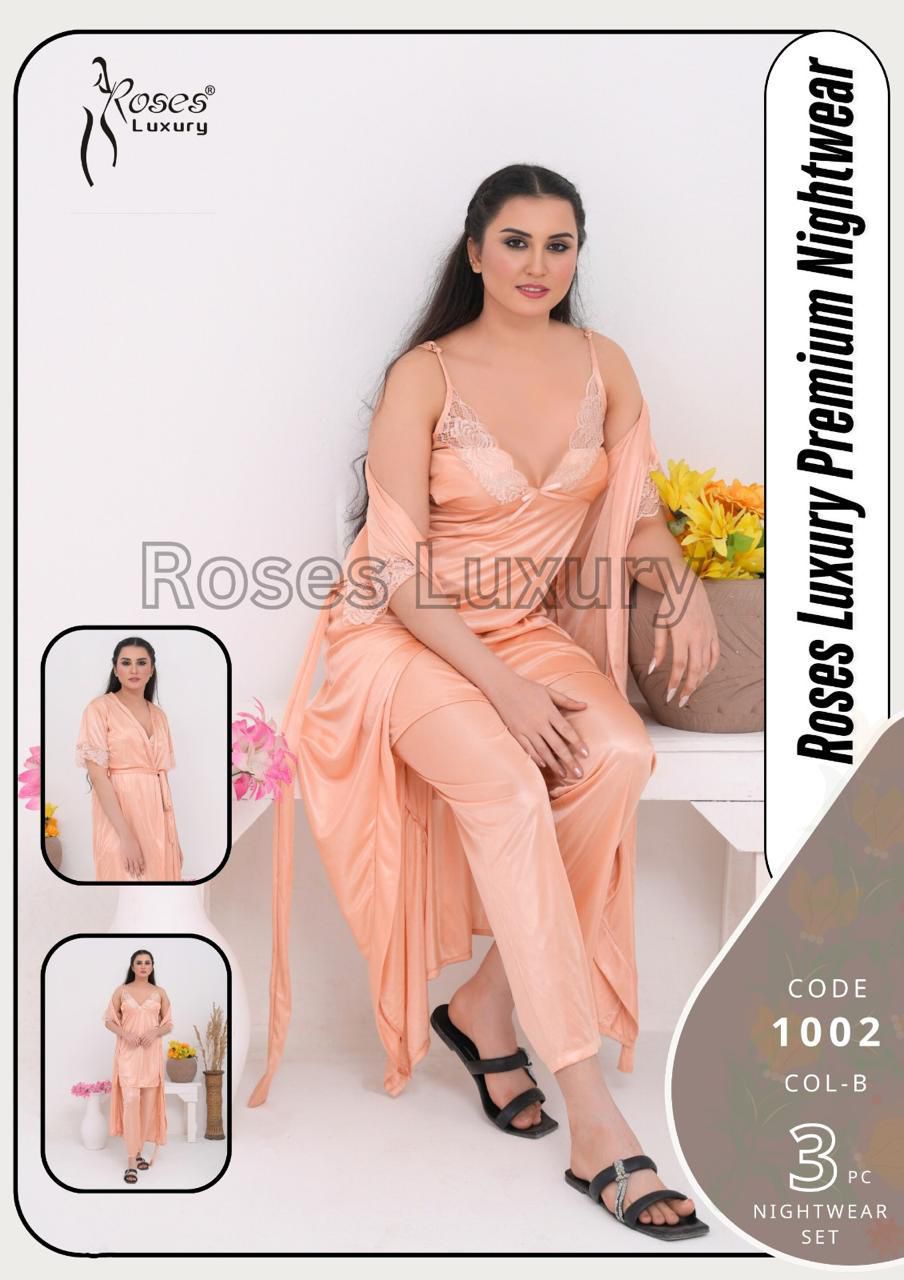 Roses Luxury Premium Night Wear 3 Piece Set | Malai Jersey Fabric | Made in Pakistan | Free Size | 4 Colors