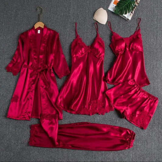 Premium Silk Jersey Knit 5 Piece Nightwear Set for Women – Free Size, Unpadded, Made in Pakistan