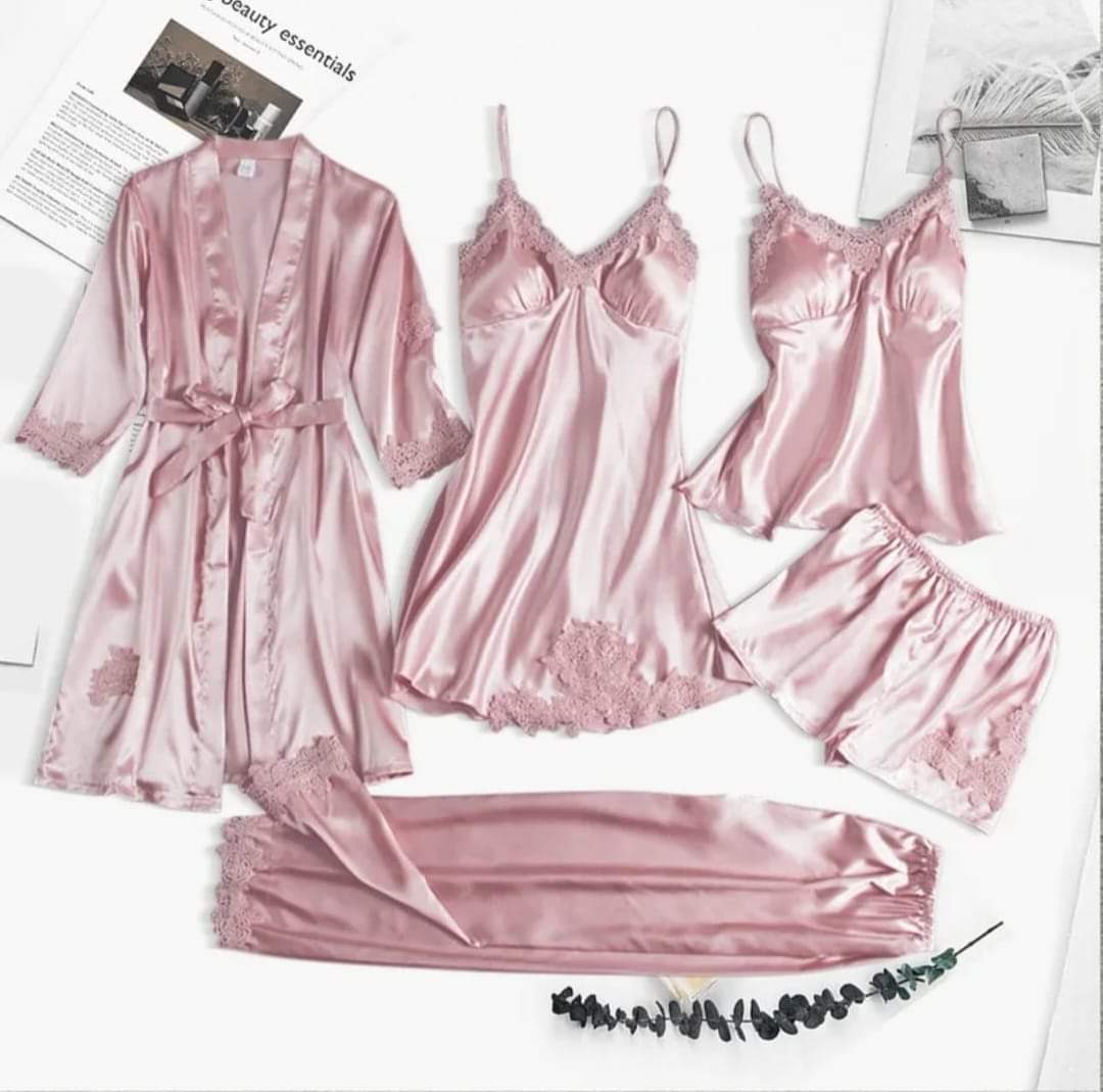 Premium Silk Jersey Knit 5 Piece Nightwear Set for Women – Free Size, Unpadded, Made in Pakistan