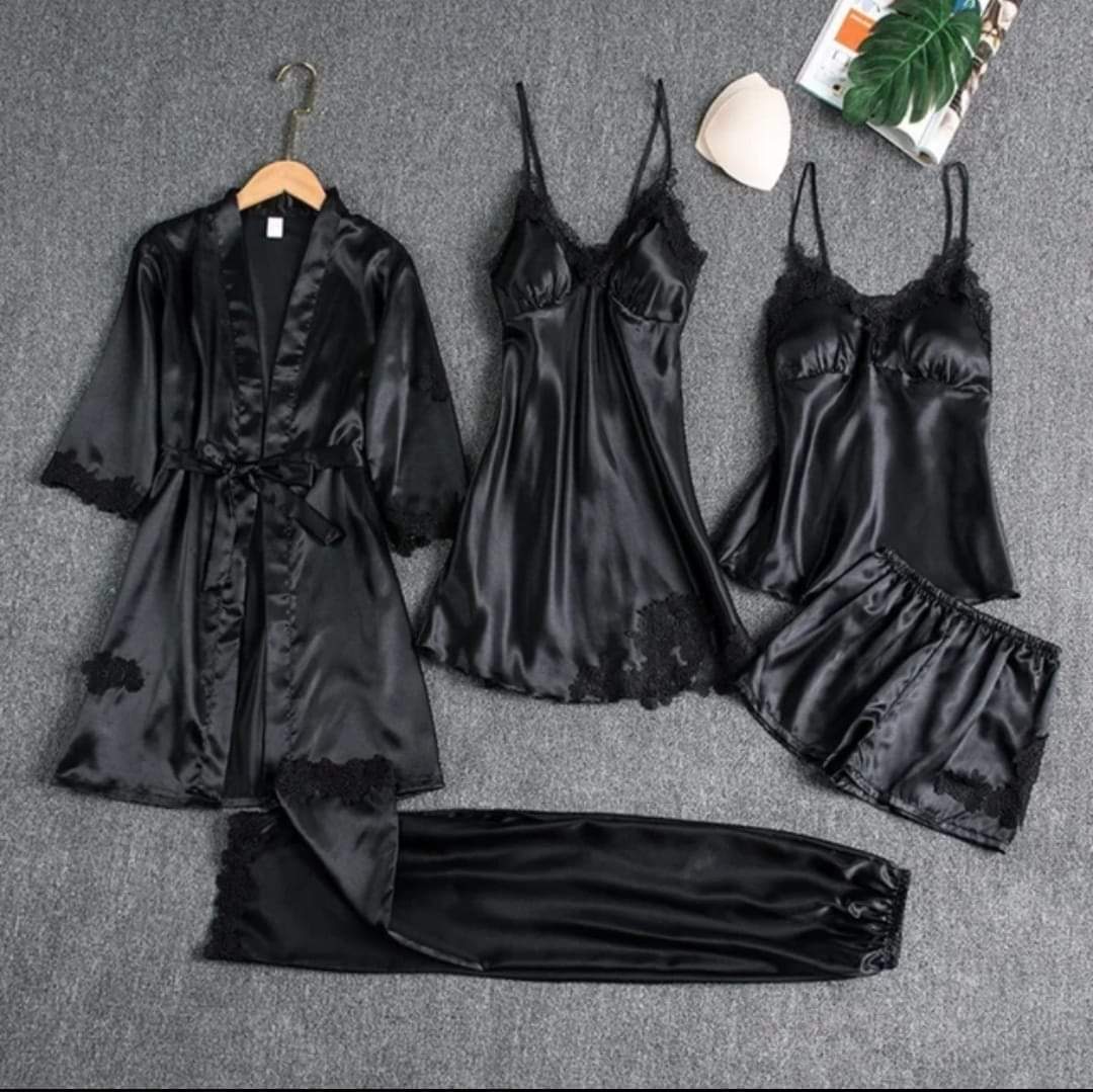 Premium Silk Jersey Knit 5 Piece Nightwear Set for Women – Free Size, Unpadded, Made in Pakistan