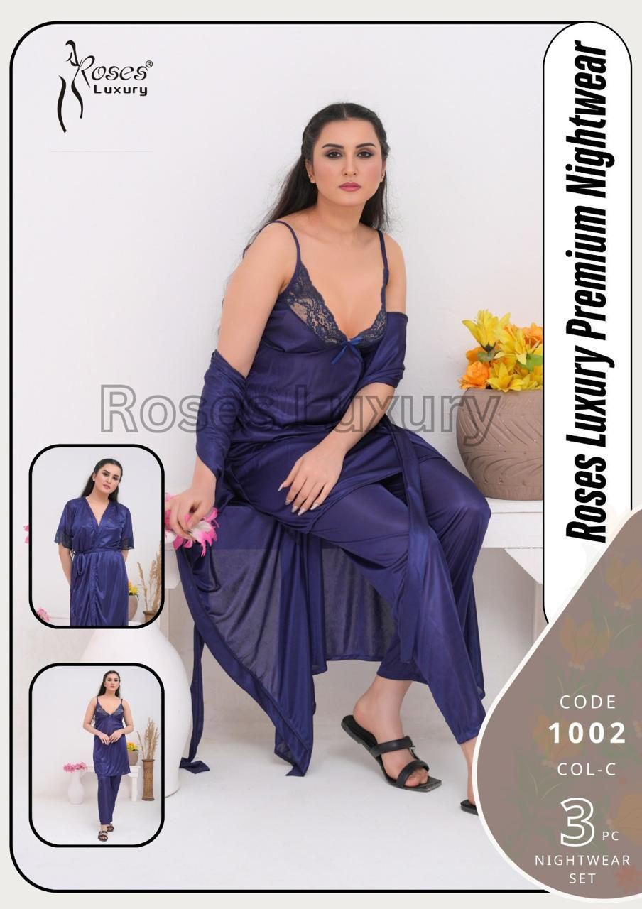 Roses Luxury Premium Night Wear 3 Piece Set | Malai Jersey Fabric | Made in Pakistan | Free Size | 4 Colors