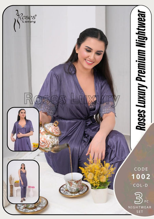 Roses Luxury Premium Night Wear 3 Piece Set | Malai Jersey Fabric | Made in Pakistan | Free Size | 4 Colors