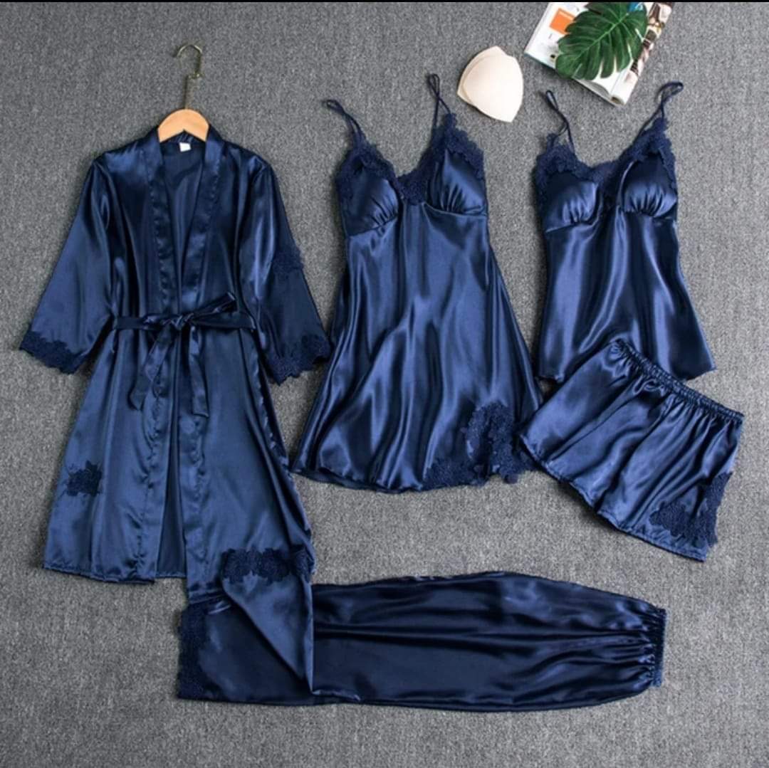 Premium Silk Jersey Knit 5 Piece Nightwear Set for Women – Free Size, Unpadded, Made in Pakistan